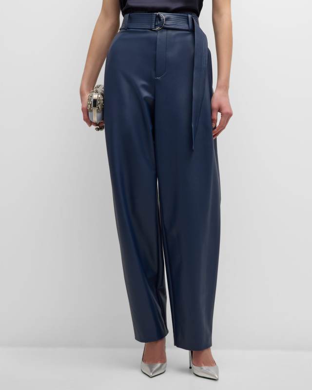 Mid-Rise Belted Stretch Faux Leather Tapered-Leg Trousers